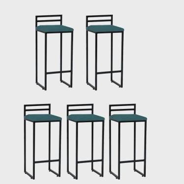 Imagem de Kit 05 Banqueta Alta Com Encosto Petra Balcão Bar Cozinha Bistrô Ferro Preto Suede Azul Turquesa - Ahz Móveis