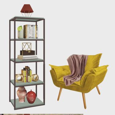 Imagem de Kit Poltrona Fatte com Manta Soft Salmão e Estante Livreiro Ferro Marrom mdf Verde Oliva Suede Amarelo - Ahz Móveis