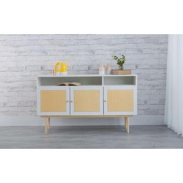 Imagem de Balcão Buffet Pés Palito Madeira 3 Portas Com Nichos Mdf E Palhinha Es