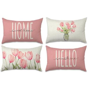 Imagem de FUYUCHEN Conjunto de 4 capas de almofada de primavera 30,5 x 50,8 cm com 4 fronhas decorativas para casa doce lar rosa Hello Sunshine Summer Seasonal Farmhouse Decorações para sofá