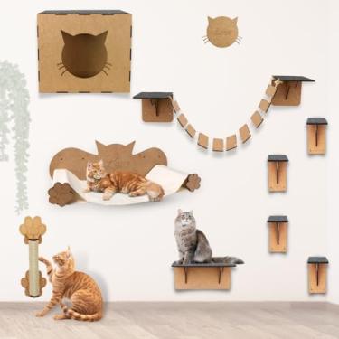 Imagem de BOXFAN Parquinho para Gatos kit 9 peças em mdf, nicho, arranhador, rede, prateleira, degraus e rede de descanso, playground suspenso para gatos, brinquedo e móveis para gatos