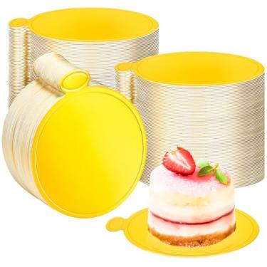 Imagem de MotBach 100 mini tábuas de bolo de 8,9 cm base redonda dourada para bolo, mini placa de base redonda de sobremesa, pequenos pratos de base de papelão, mousse de cupcake, para festa de confeitaria