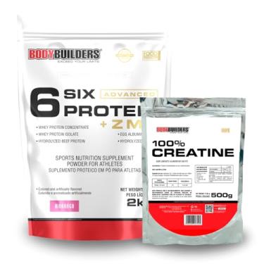 Imagem de Kit 6 Six Protein c/ZMA 2kg + 100% Creatina 500g - BODYBUILDERS (Morango)