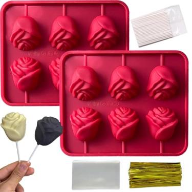 Imagem de Moldes de pirulito de flor de rosa, pacote com 2 moldes de chocolate de silicone rosa com 100 palitos para Dia dos Namorados, 3D, flores rosas, bolo, molde de ventosa, para fazer doces duros