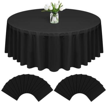 Imagem de FXKS Pacote com 24 toalhas de mesa redondas pretas, toalhas de mesa de plástico preto de 300 cm, capa de mesa decorativa, toalha de mesa redonda descartável para banquete de casamento, festa de jantar