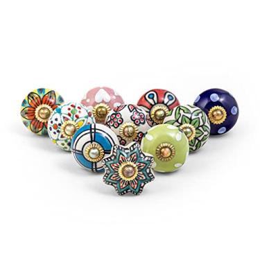 Imagem de RAJRANG Puxadores de cerâmica para armário cômoda gaveta e móveis pintados à mão puxador de armário boho antigo multicolorido pacote com 10