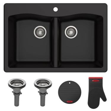 Imagem de Kraus Pia de cozinha Forteza 83,8 cm de granito 50/50 com suporte duplo - preto (KGD-52BLACK)