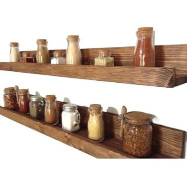 Imagem de Prateleiras Perfil Porta Condimentos de Madeira 60cm envelhecida porta tempero，Adequado para armazenamento no quarto, na cozinha, de potes de temperos e vários itens