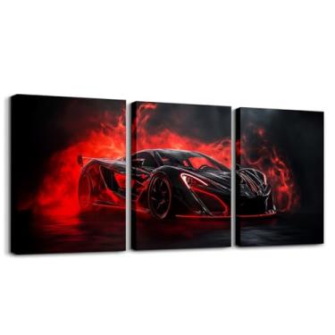 Imagem de Erosebridal Arte de parede de carro de corrida vermelho para meninos vermelho preto conjunto de 3 para crianças meninas decoração de carro de corrida esportes radicais impressão de pôster, 12x16