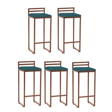 Imagem de Kit 05 Banqueta Alta Com Encosto Petra Balcão Bar Cozinha Bistrô Ferro Bronze Suede Azul Turquesa