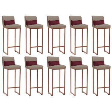 Imagem de Kit 10 Banqueta Alta Com Encosto Balcão Ferro Bronze Suede Bege E Almofada Bordô
