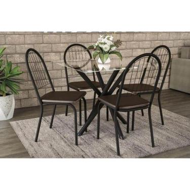 Imagem de Kit Mesa Volga C- Tampo Vidro 95cm + 4 Cadeiras Noruega Preto Fosco Courano Marrom