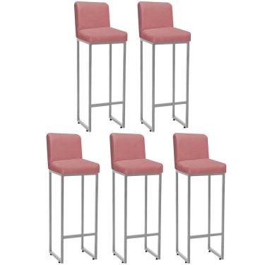 Imagem de Kit 05 Banqueta Alta Com Encosto Lucca -60cm Chão Até O Assento Industrial Ferro Cinza Suede Rose Gold - Amey Decor