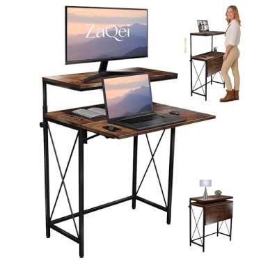 Imagem de Zaqei Mesa de pé, pequena escrita ajustável em altura, mini mesa, mesa de escritório em casa, escritório em casa, estudo de laptop dobrável (marrom)