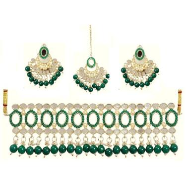 Imagem de Siddhatva Conjunto de joias de colar gargantilha tradicional com contas espelhadas de casamento indiano indiano antigo banhado a ouro, Medium, Metal, Sem Pedra Preciosa