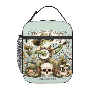 Imagem de amepay Lancheira de poliéster sapo musical para crianças adolescentes, lancheira térmica reutilizável para mulheres adultas, sacolas térmicas verdes para escola, trabalho, piquenique, viagens, tema de
