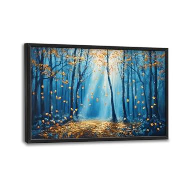 Imagem de Arte de parede grande árvore de bétula para sala de estar abstrata dourado azul árvores emolduradas decoração natureza floresta paisagens impressões pintura imagens extra grande arte para quarto