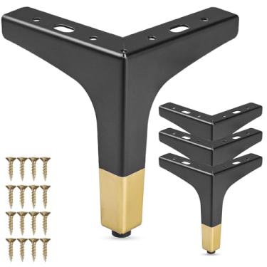 Imagem de La Vane Pernas de metal para móveis de 12 cm, conjunto de 4 - Pés de substituição modernos triangulares de diamante preto/dourado DIY para armário, sofá, mesa, transformação otomana