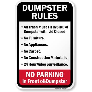 Imagem de SmartSign Placa de metal "Dumpster Rules - No Parking In Front Of Dumpster" de 45,72 x 30,48 cm, composto de alumínio de 120 mm (ACM), material refletivo de grau de engenheiro, vermelho, preto e branco