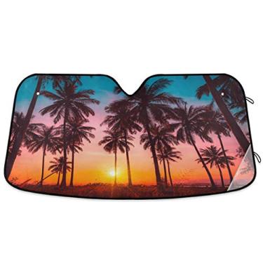 Imagem de Oarencol Protetor solar de para-brisas de carro de praia tropical, pôr do sol, palmeira, dobrável, raios UV, protetor solar para manter seu veículo fresco (139 x 70 cm)