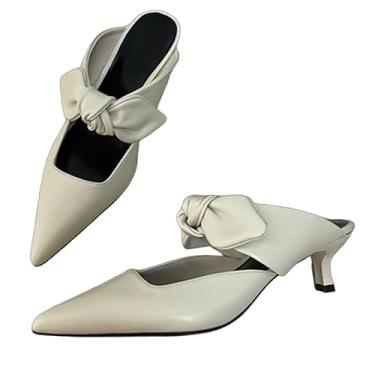 Imagem de Archicolor Pantufas minimalistas de couro genuíno com laço mule, moda francesa, escritório, bico fino, elegante, sandálias femininas de salto, Bege, 34
