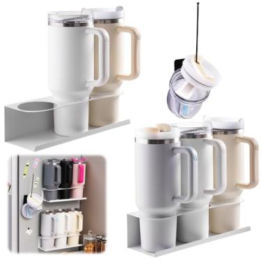 Imagem de Pacote com 2 porta-copos magnéticos brancos com suporte de tampa (1 peça) para geladeira para copo de 30 e 1,134 g - suporte forte para geladeira - organizador de garrafa de água para metal