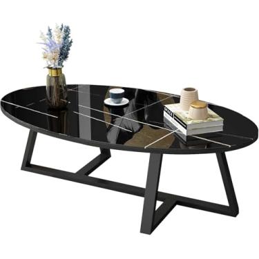 Imagem de Mesa De Café Oval De Vidro Para Sala De Estar, Mesa De Centro Moderna Com Mesa De Centro De Sofá Com Mármore Falso Vidro Temperado Desktop & Pernas De Me, Black Gold Line, 120X60X45CM