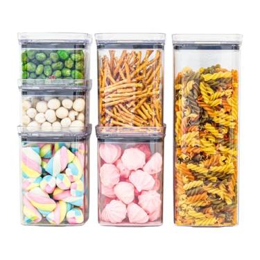 Imagem de Kit 6 Potes Herméticos Acrílico Quadrado Empilháveis, Tampa de Vedação Silicone, Porta Alimentos e Mantimentos, Armário Cozinha Despensa