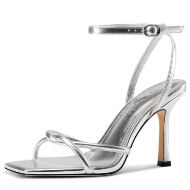 Imagem de HDEUOLM Sandália feminina de salto alto com tiras de salto alto, bico quadrado, tira no tornozelo, vestido de festa de formatura de 9 cm, Prata, 39