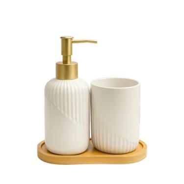 Imagem de Kit Banheiro Lavabo Porta Sabonete liquido Dispenser e Porta Escova de Dente Cerâmica para Decoração(GLACIAL BRANCO)