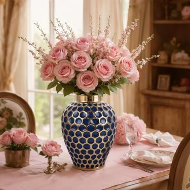 Imagem de Jarra de gengibre de 30 cm, vaso grande de cerâmica azul e dourado com tampa, decoração de casa, martelo moderno de meados do século, vaso de flores decorativo para centros de mesa, casamentos, mesa