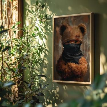 Imagem de Quadro Decorativo Urso Toca Preta Com Moldura Arte Moderna Animal Misterioso Criativo Estilo Banksy Grafite Parede Infantil