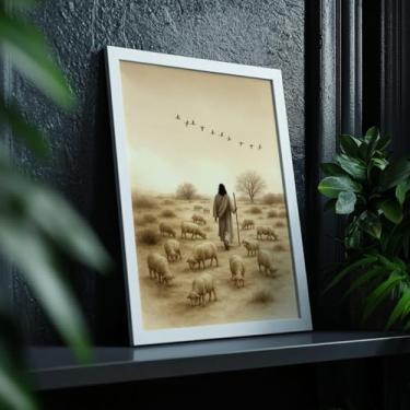 Imagem de Quadro Decorativo Jesus Pastor Com Moldura Religioso Cristo Ovelhas Fé Esperança Caminho Bíblia Fé Cristã Sala Quarto Escritório Inspiração
