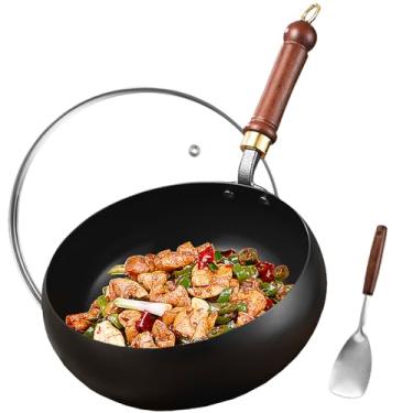 Imagem de UMETRE Frigideira Wok de aço carbono, frigideiras de 28 cm e frigideiras com tampa de vidro, wok antiaderente, fundo plano, pequena wok chinesa feita à mão para todos os fogões
