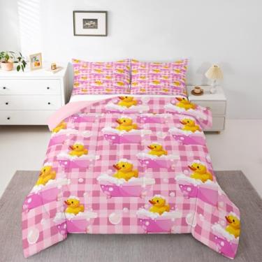 Imagem de Erosebridal Conjunto de cama casal xadrez rosa para meninas, pato amarelo, pato amarelo, casa de fazenda, animais de estimação, conjunto de edredom