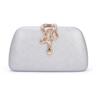 Imagem de GOKTOW Bolsa clutch rígida com glitter - Bolsa noturna com detalhes em serpente dourada para mulheres, casamentos formais, festas de formatura, Prata