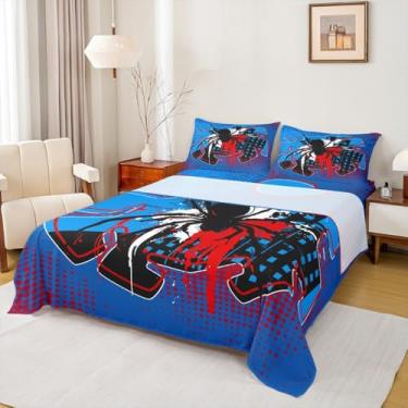 Imagem de Jogo de lençol casal de aranha preta, sangue de aranha, inseto aracnídeo, dia das bruxas, mulheres, homens, meninos, meninas, homens, geométricos, vermelho, azul, chique, 4 peças (lençol + lençol + 2