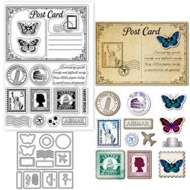 Imagem de GLOBLELAND Carimbos postais vintage transparentes e matrizes de corte para fazer cartões, borboleta, viagem, cartão postal, selos transparentes, moldura retrô, recortes de metal para álbum de fotos
