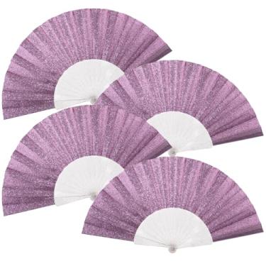 Imagem de Pacote com 4 leques de mão femininos com glitter e nervuras transparentes brilhantes – Ideal para casamento, igreja, festival, dança, festa de chá, clube e acessórios EDM, roxo
