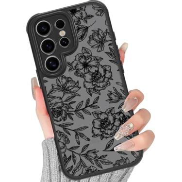 Imagem de Yomjew Lindas Linhas Pretas Flor Capa de Telefone para Samsung Galaxy S24 Ultra 5G Feminino Capa Feminina 17.3 cm, Estampa Floral Folhas Estéticas Design Translúcido Fosco Capa Silicone Rígido PC