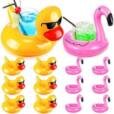 Imagem de Yiyiring Pacote com 12 porta-copos infláveis flutuantes de flamingo, pato, boias de piscina, boias para copos para verão, piscina, festa, mulheres, homens