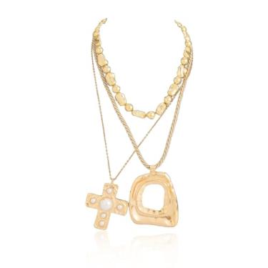 Imagem de Conjunto de colar de camada grossa para mulheres, colar de corda torcida com cruz de pérola, pingente de metal, corrente circular, gargantilha, joia vintage, Adjustable, Metal, Sem Pedra Preciosa