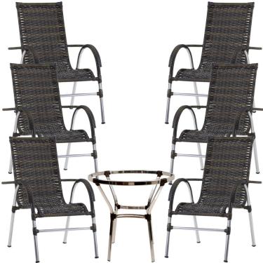 Imagem de 6 Cadeiras Alumínio E Mesa S/tampo Varanda Jardim Piscina Pedra Ferro