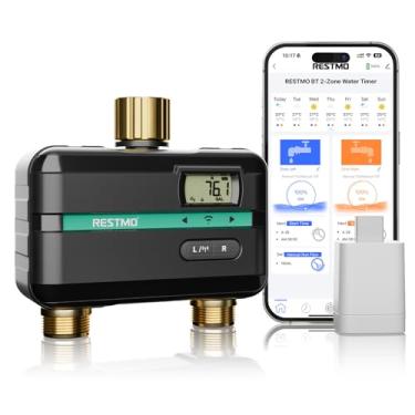 Imagem de RESTMO Temporizador de irrigação inteligente com medidor de fluxo, temporizador de água de 2 zonas para mangueira de jardim, entrada e saída de latão, sistema automático de irrigação de gramado e