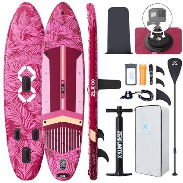 Imagem de ZLX prancha de stand up paddle inflável super larga de 11'6 "x 35" com bomba manual para adultos e jovens - design de nadadeiras superestáveis, deck antiderrapante, remo ajustável, trela de