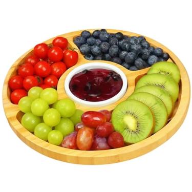 Imagem de YWHWXB Bandeja dividida para servir, bandejas redondas de bambu de 20 cm, travessas de doces de madeira com 5 compartimentos, bandejas de lanche preguiçosas para decoração de casa, festas, eventos (1