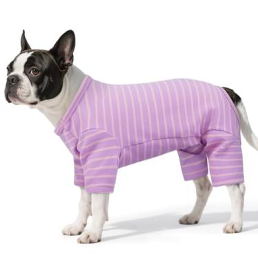 Imagem de LETSQK Pijama listrado para cães – Pijamas para cães pequenos a grandes, terno de lã que cai, elástico e lavável na máquina, corte de barriga para machos, ótimo para cirurgia e clima frio, roxo GG