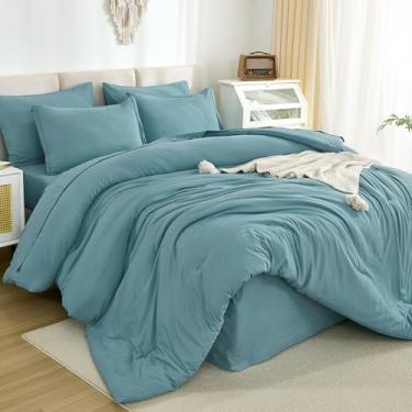 Imagem de Litanika Conjunto de edredom super king azul-petróleo acinzentado – 7 peças, cama em uma bolsa, conjunto de cama king extragrande, sólido e leve, com edredom, lençóis, fronhas e fronhas