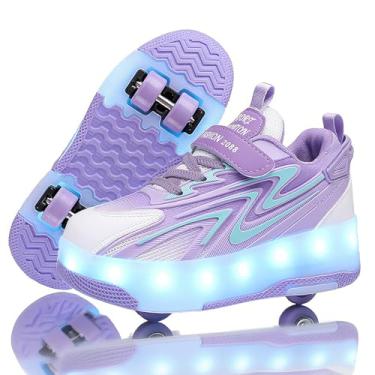 Imagem de Ylllu Tênis infantil atualizado de patins de 4 rodas com LED recarregável por USB e carregador moderno para meninas, meninos e crianças, Roxo-4 rodas-a-2, 18