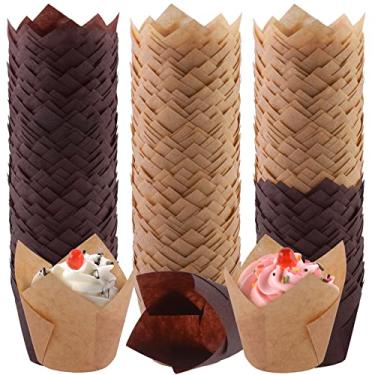 Imagem de Aodaer 240 peças de mini tulipas para forros de muffin, estojos de cupcake, porta-copos de cozimento para casamento, aniversário, chá de bebê, marrom, natural